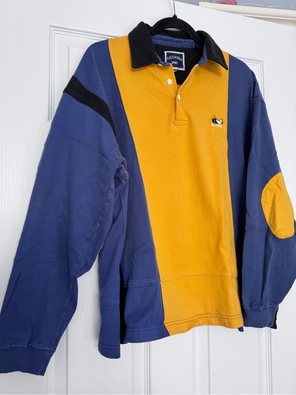 CASAMODA SPORT Vintage Colorblock Rugby Pullover with Elbow Patch Navy & Mustard